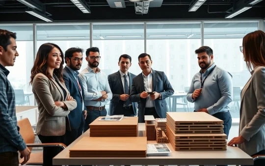 Ecuadorian construction professionals meeting with building material suppliers to discuss insulation and wall systems.