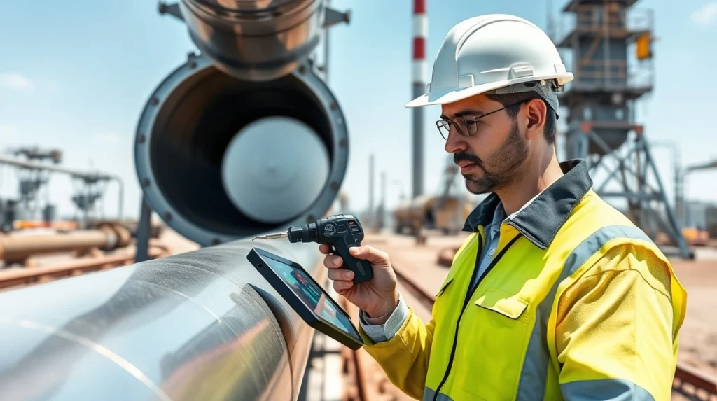 Industrial technician using eddy current testing equipment for oil and gas pipeline integrity inspection