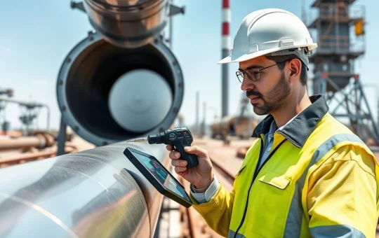 Industrial technician using eddy current testing equipment for oil and gas pipeline integrity inspection