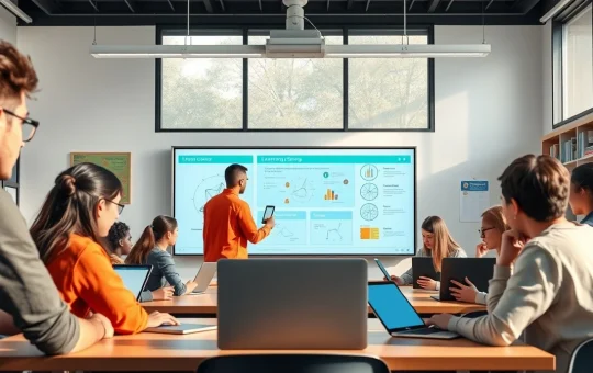 Modern smart classroom with students using interactive technology for collaborative learning.