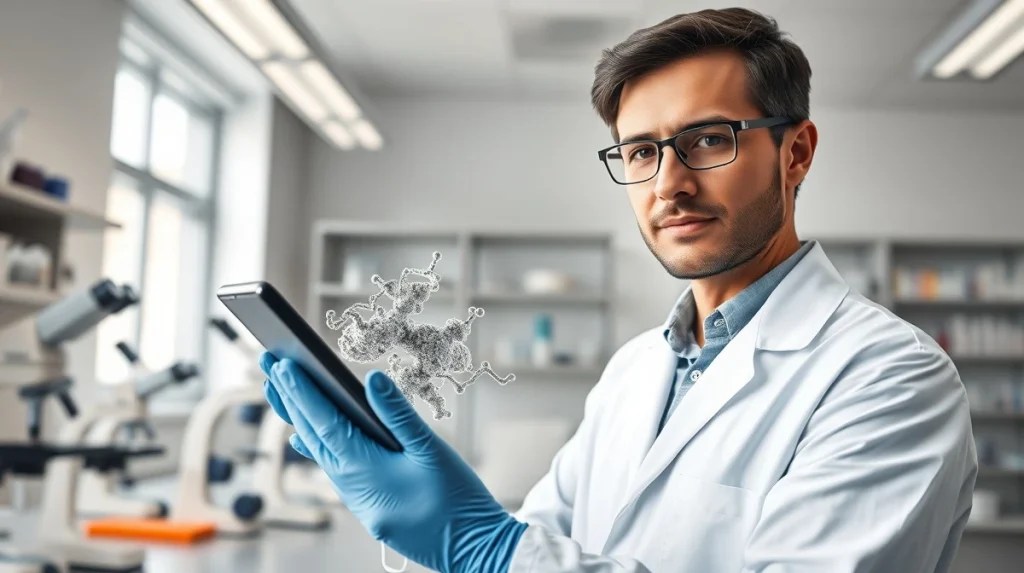 Medical researcher analyzing encephalopathy treatment data in a clinical laboratory setting