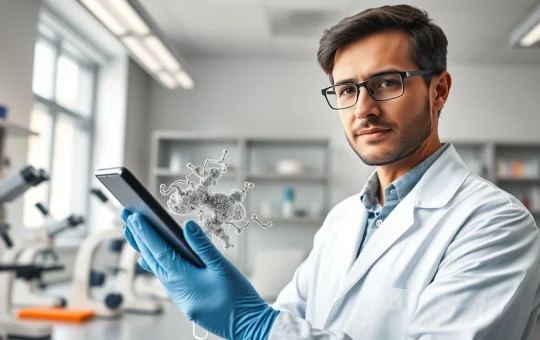 Medical researcher analyzing encephalopathy treatment data in a clinical laboratory setting