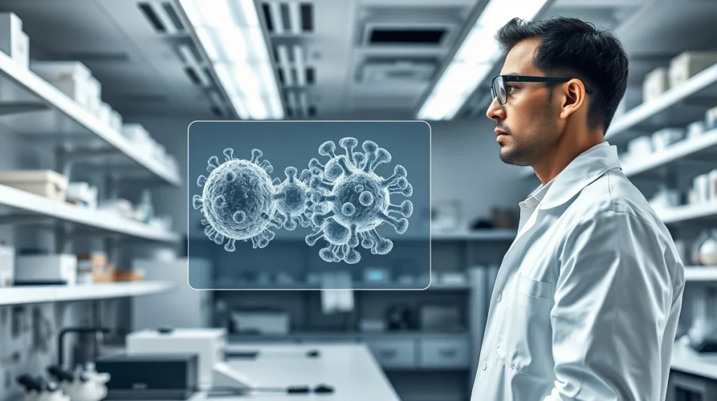 Medical researcher analyzing esophageal squamous cell carcinoma molecular model in laboratory setting