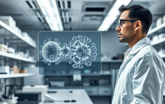 Medical researcher analyzing esophageal squamous cell carcinoma molecular model in laboratory setting