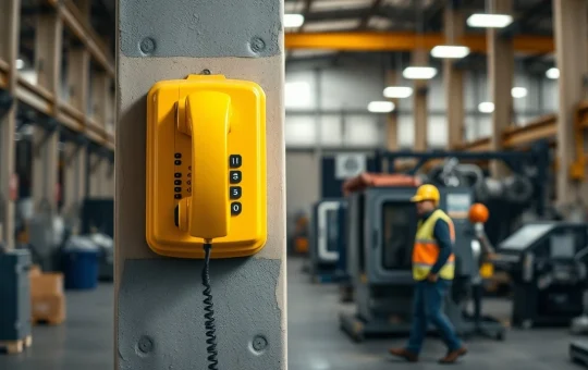 A rugged industrial telephone mounted in a factory, essential for safety communication.