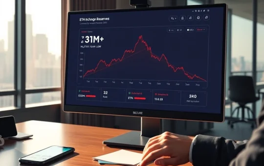 Analyst monitoring Ether exchange reserves hitting multi-year lows on cryptocurrency trading dashboard