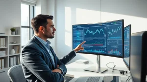 Financial analyst examines Ethereum network transaction data and price charts in professional office setting