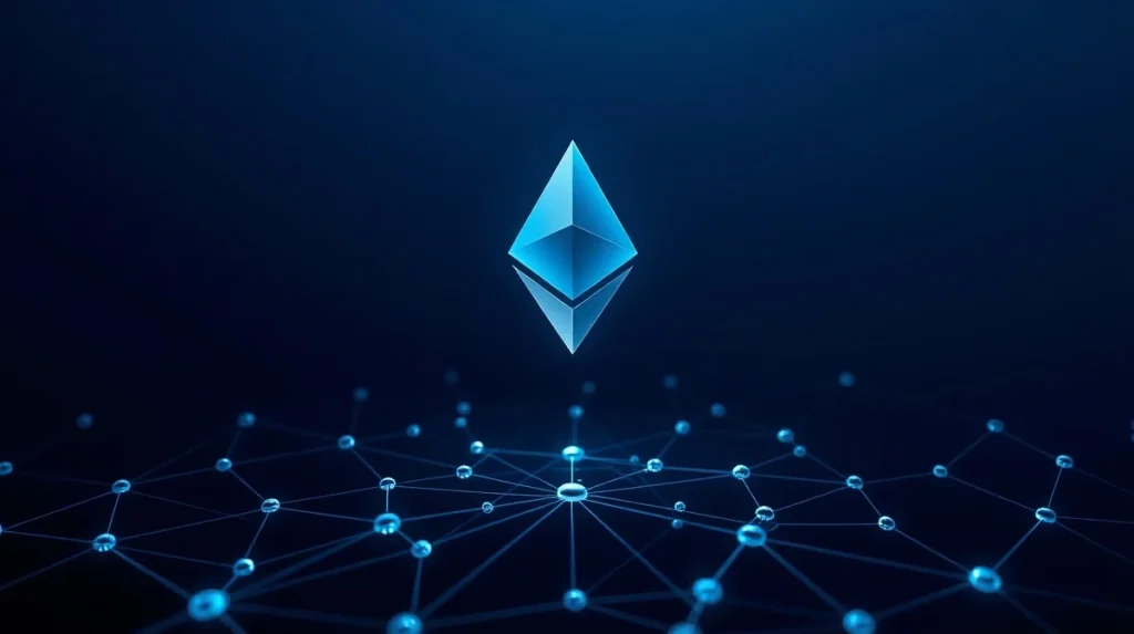 Ethereum blockchain network visualization showing interconnected nodes and staking dynamics