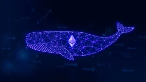 Ethereum whale investment symbolized by digital blockchain whale returning to crypto market.