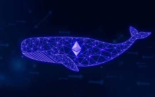 Ethereum whale investment symbolized by digital blockchain whale returning to crypto market.