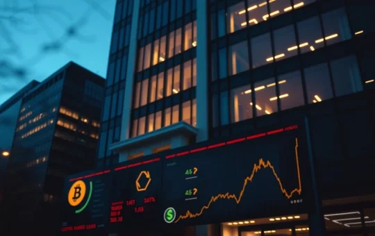 Financial district building with digital market ticker showing cryptocurrency symbols