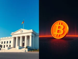 Federal Reserve building and Bitcoin symbol illustrating geopolitical risk and cryptocurrency market analysis.