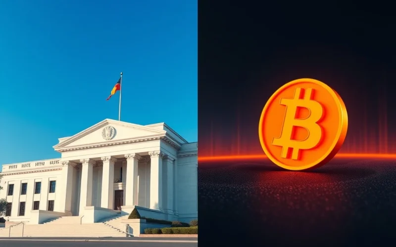 Federal Reserve building and Bitcoin symbol illustrating geopolitical risk and cryptocurrency market analysis.