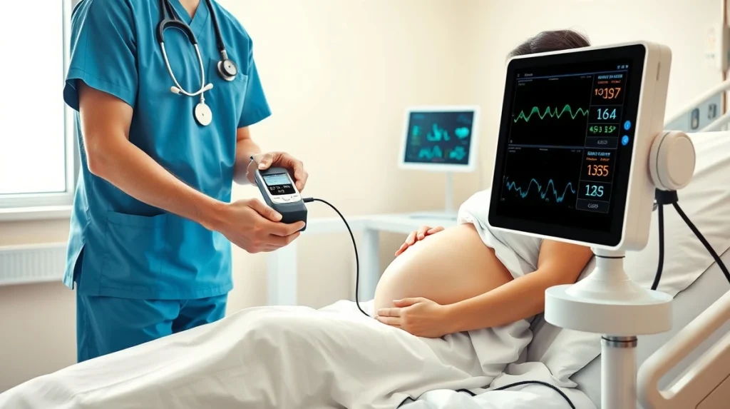 Healthcare professional using fetal monitoring device on pregnant patient in hospital setting