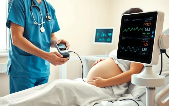Healthcare professional using fetal monitoring device on pregnant patient in hospital setting