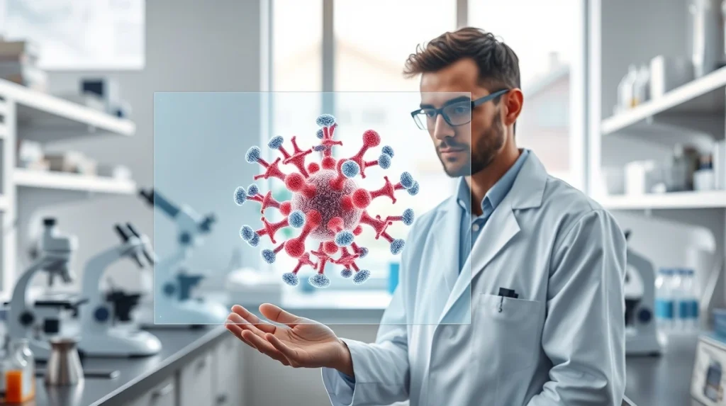 Researcher analyzing follicular lymphoma B-cell molecular model in cancer research laboratory