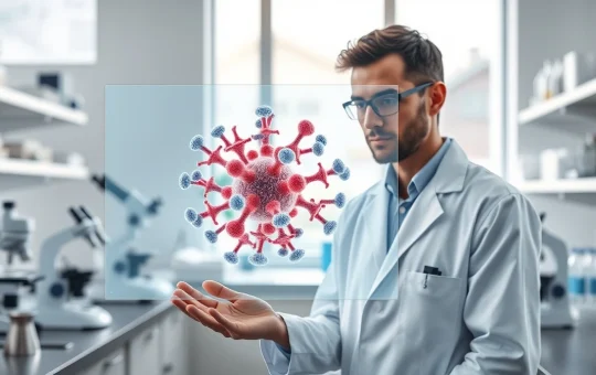 Researcher analyzing follicular lymphoma B-cell molecular model in cancer research laboratory