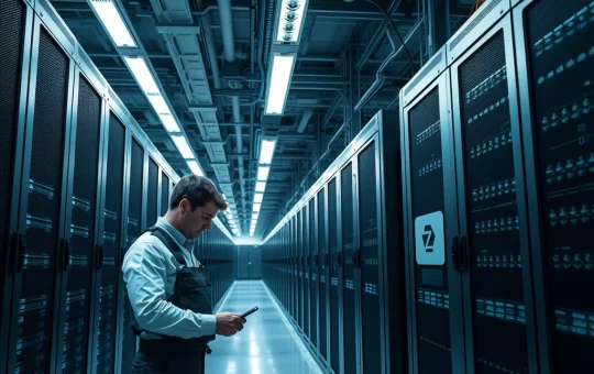 Foundry Digital institutional Zcash mining pool facility with technician maintaining ASIC mining hardware.