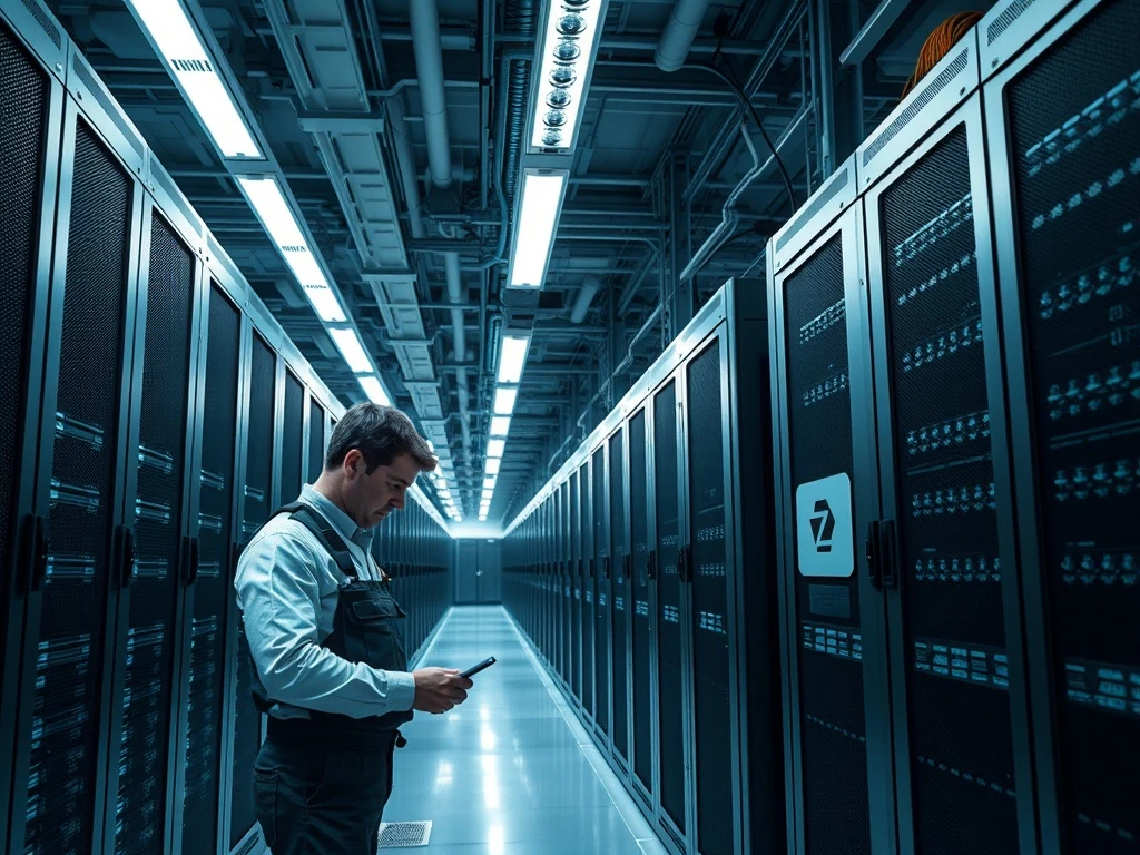 Foundry Digital institutional Zcash mining pool facility with technician maintaining ASIC mining hardware.