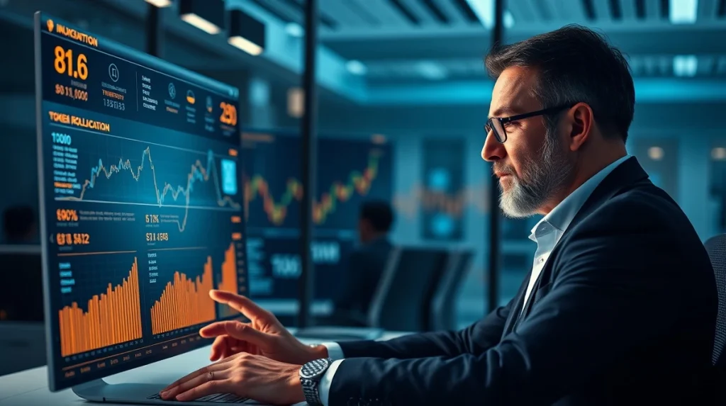 Professional investor analyzing a crypto presale tokenomics dashboard on a digital screen.