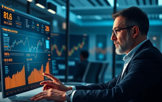 Professional investor analyzing a crypto presale tokenomics dashboard on a digital screen.