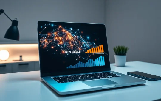 Laptop displaying a blockchain visualization for the FYNTHIS LIMITED token presale.
