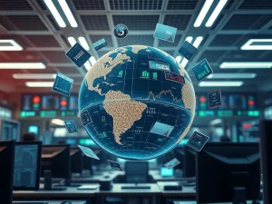 Geopolitical fears impact cryptocurrency markets as digital globe displays Bitcoin charts and news.