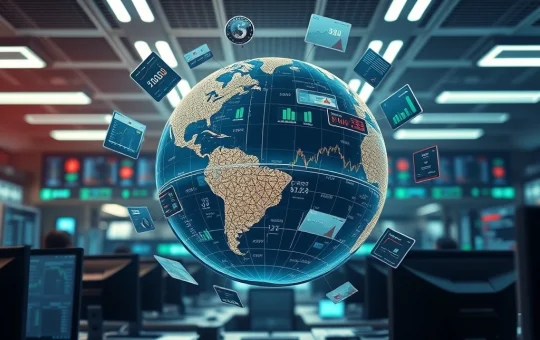 Geopolitical fears impact cryptocurrency markets as digital globe displays Bitcoin charts and news.