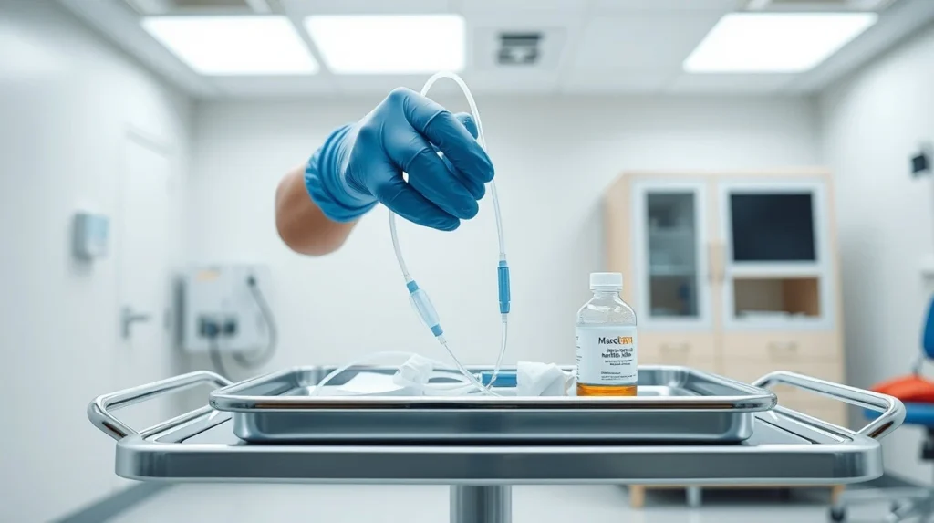 Healthcare professional handling a catheter kit in a hospital, representing the growing medical devices market.