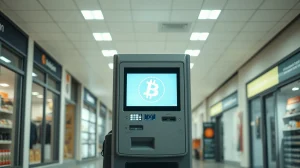 A cryptocurrency ATM kiosk in a retail setting, representing the network's recent contraction.