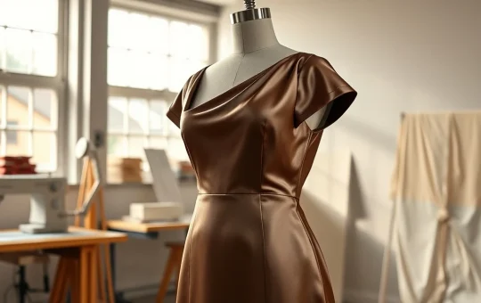 Premium women's silk satin evening gown in fashion design studio representing luxury garment sourcing.