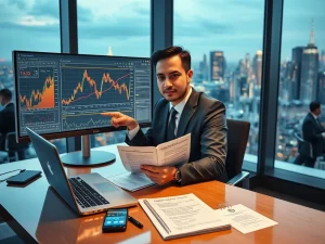Financial analyst reviews cryptocurrency market data alongside traditional equity research at major investment bank