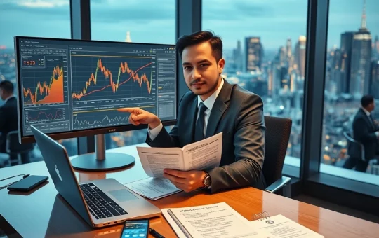 Financial analyst reviews cryptocurrency market data alongside traditional equity research at major investment bank