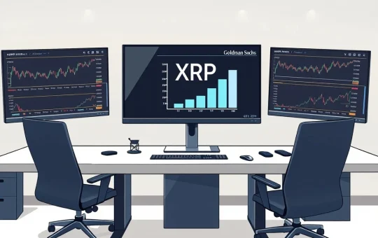 Goldman Sachs XRP ETF holdings analysis on trading desk monitors showing price stagnation.