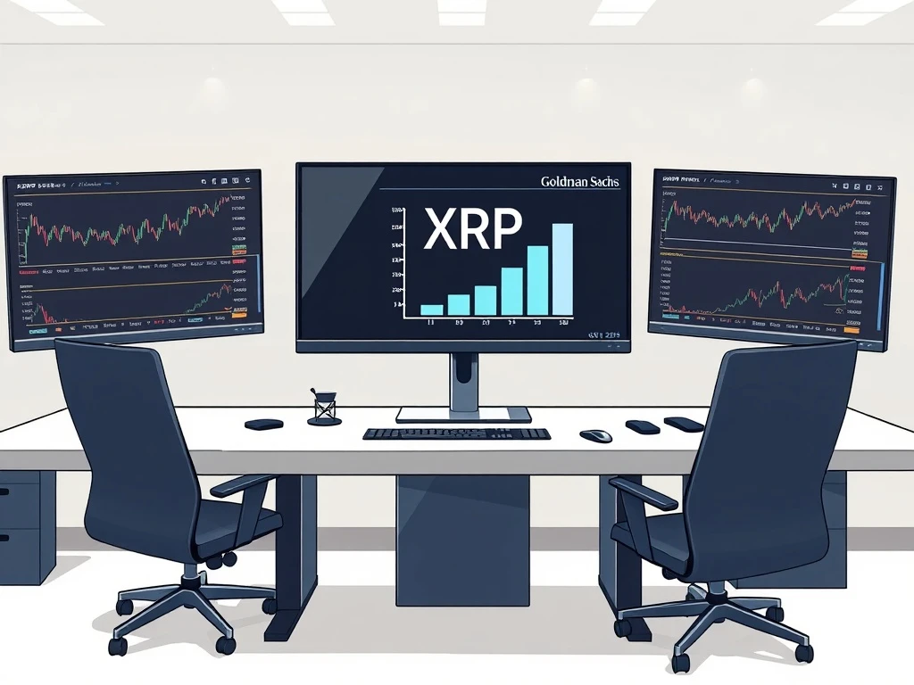 Goldman Sachs XRP ETF holdings analysis on trading desk monitors showing price stagnation.