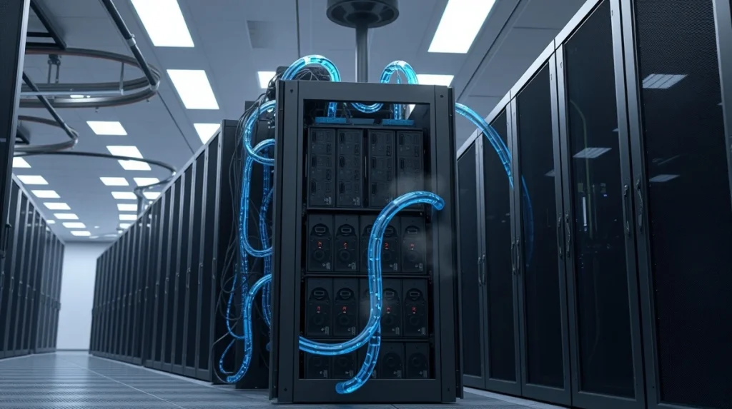 Data center server rack with liquid cooling for GPU deployment and AI infrastructure.