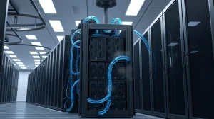 Data center server rack with liquid cooling for GPU deployment and AI infrastructure.