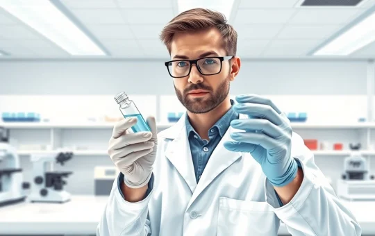 Medical researcher examining potential Hemophilia A treatment in pharmaceutical laboratory setting