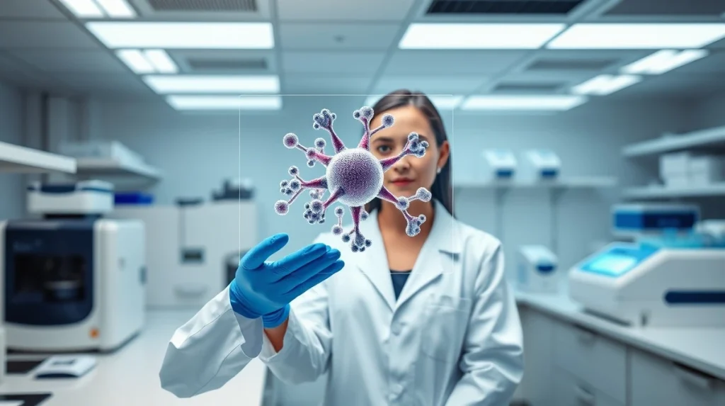 Scientist researching HER2 positive breast cancer treatments in modern oncology laboratory