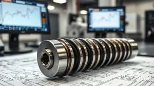 A high-precision roller screw component on engineering blueprints in a lab.