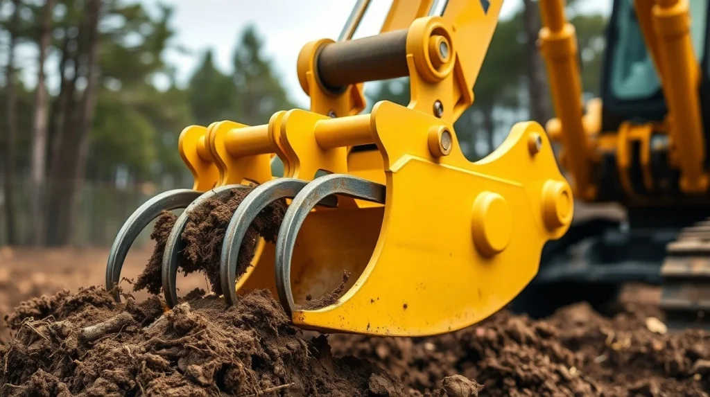 HOMIE hydraulic root excavator attachment mounted on an excavator for land clearing work.