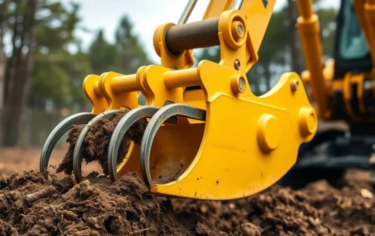 HOMIE hydraulic root excavator attachment mounted on an excavator for land clearing work.