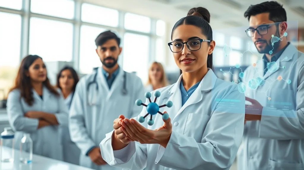 Medical researchers analyzing HR positive HER2 negative breast cancer treatment data in a modern laboratory
