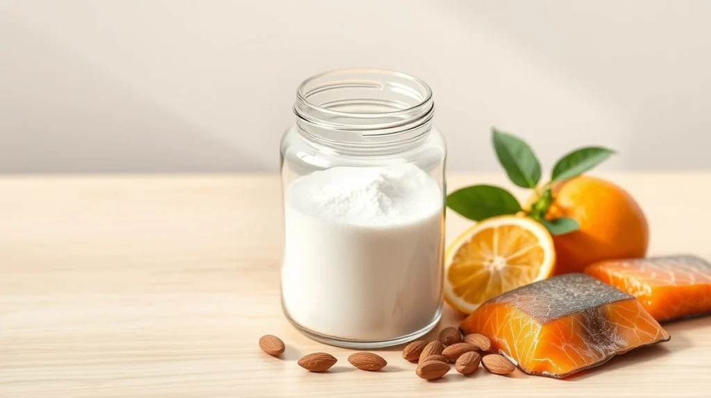 Hydrolyzed collagen type II powder alongside foods that support natural collagen production for joint and skin health.