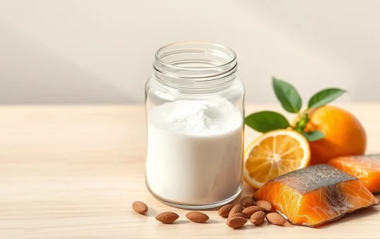 Hydrolyzed collagen type II powder alongside foods that support natural collagen production for joint and skin health.