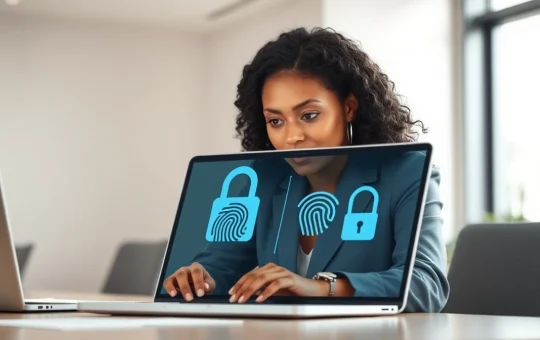 Professional using digital identity verification and biometric authentication technology for secure access.