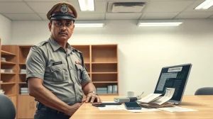 Indian police officer with evidence from crypto scam trafficking investigation showing confiscated digital devices