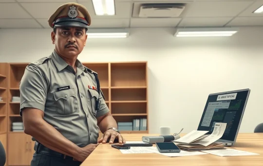 Indian police officer with evidence from crypto scam trafficking investigation showing confiscated digital devices