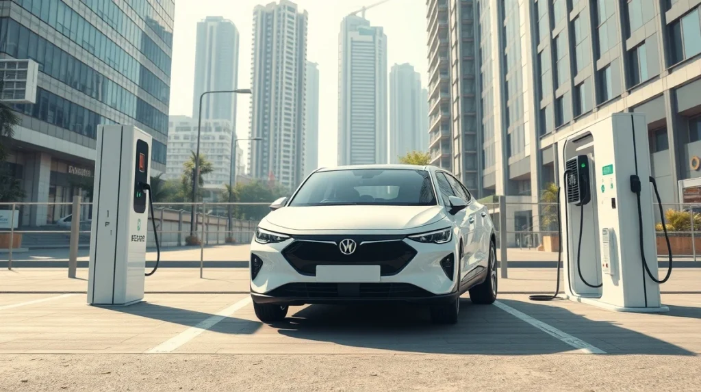 Electric vehicle at versatile charging station demonstrating infrastructure-agnostic architecture in urban India