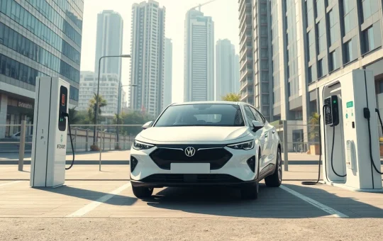 Electric vehicle at versatile charging station demonstrating infrastructure-agnostic architecture in urban India